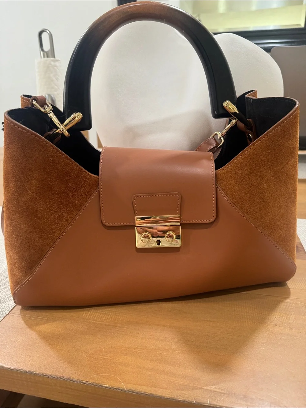 Claudia Firenze Brown Leather & Suede Top-wood Handle Satchel